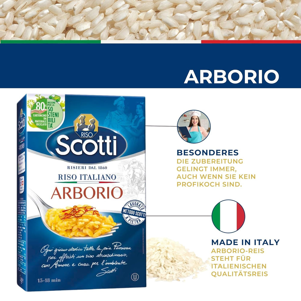 Riso Arborio, riso extrafino per risotti, riso italiano, tempo di cottura 15-18 minuti, 1 kg
