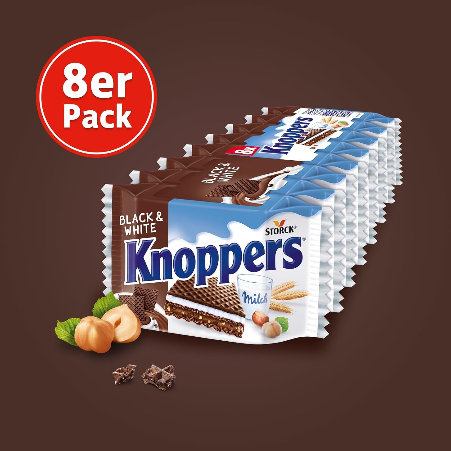 Knoppers Bianchi e Neri – 8 x 25g – Fette di wafer ripiene di wafer al cacao fondente, pezzetti di biscotti neri, crema al latte e torrone