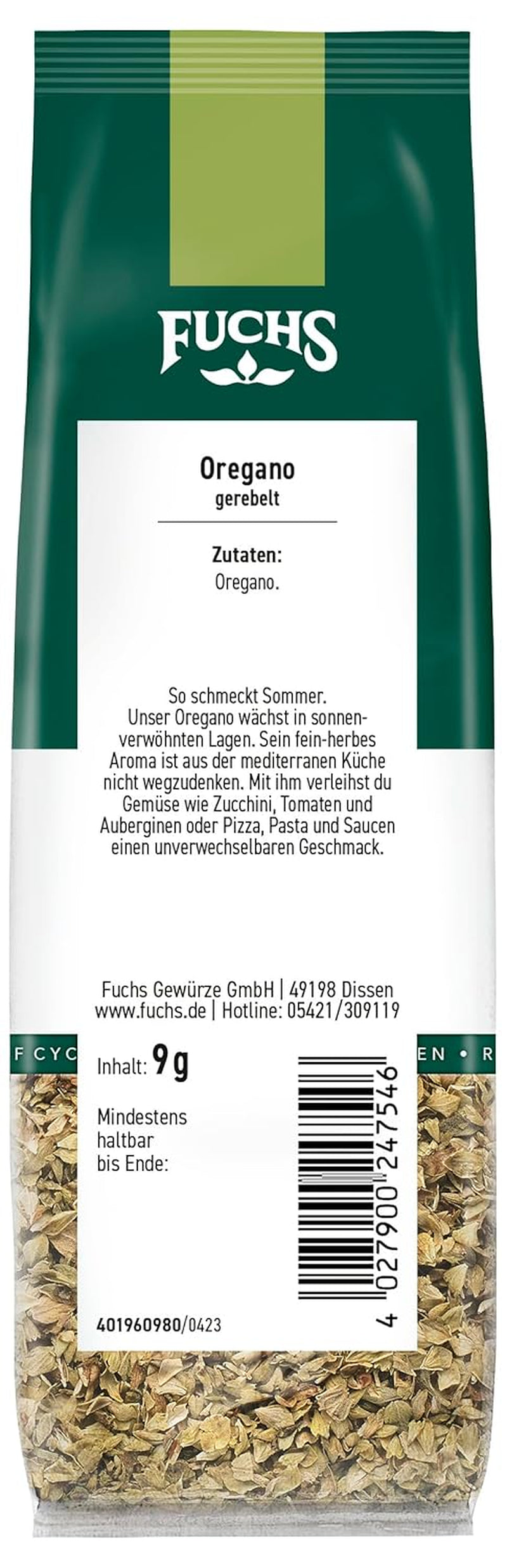 Fuchs Gewürze - Origano gerebelt im recyclebaren Nachfüllbeutel - 9 g