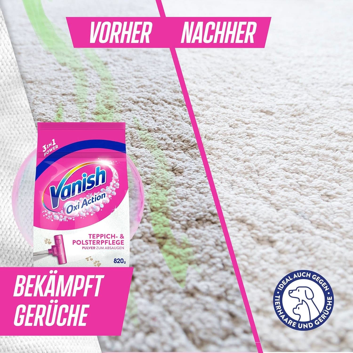 Vanish Oxi Action Polvere Detergente per Moquette e Tappezzeria - 1 X 820 G - Pulisce ampie aree di moquette e tappezzeria da sporco, odori e polvere Detersivi per bucato Naty Shop