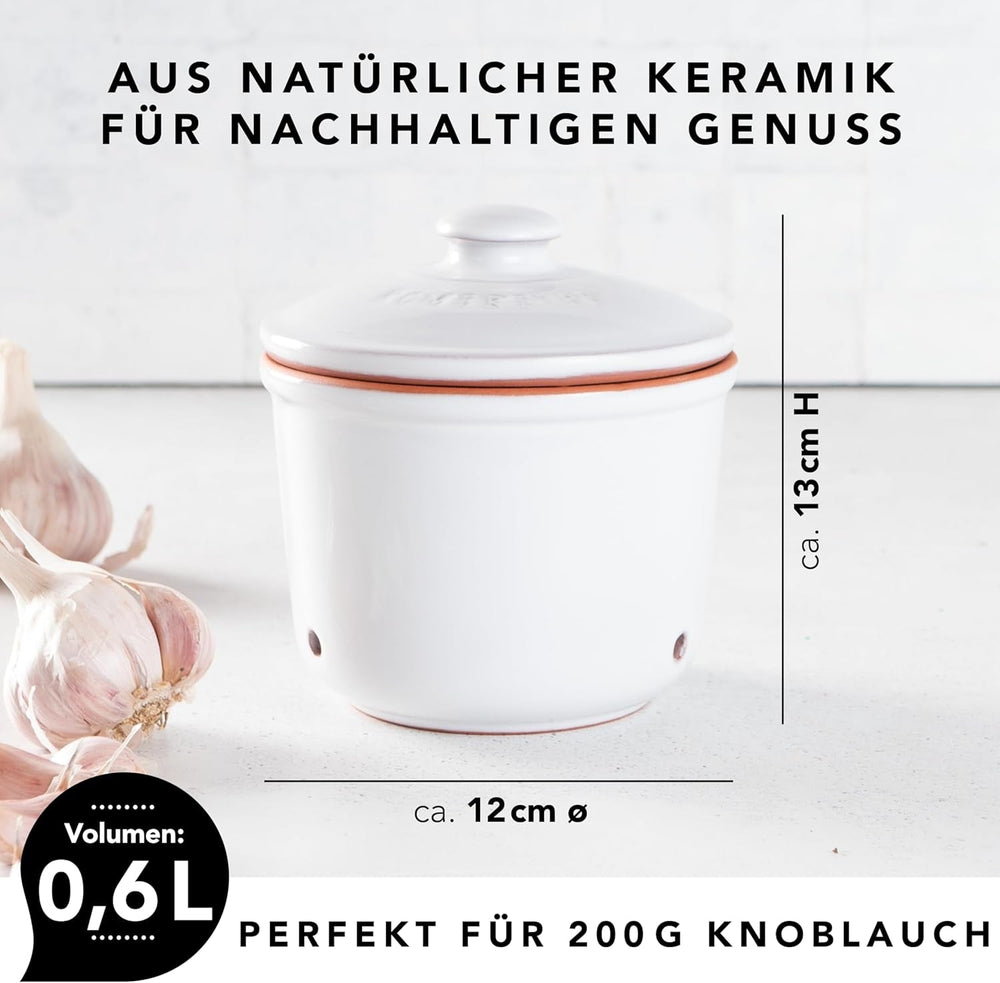 Römertopf Fresh Pot MINI 0,6 litri - Oală de usturoi ceramică - Argila respirabilă păstrează legumele proaspete pentru mai mult timp - Circulație ideală a aerului - Alb Cutii depozitare alimente Naty Shop