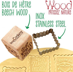 Ștampilă de patiserie din lemn SCRAP COOKING 5138 cu motive de Crăciun – cu 1 formă de tăietor de biscuiți și cub de Crăciun gravat cu 5 fețe – formă decorativă