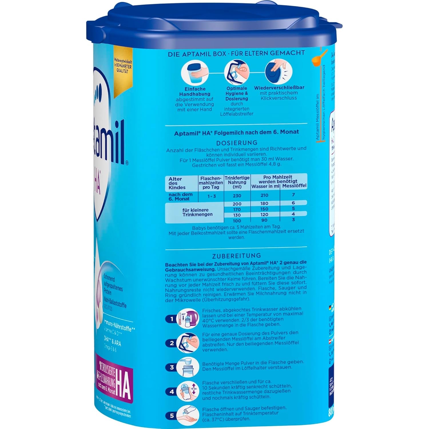 Aptamil HA 2 – Formula di proseguimento dopo 6 mesi, con Omega 3 e 6, DHA, ARA e ALA, Senza lattosio, Senza olio di palma, Alimenti per bambini, Latte in polvere, 1 x 800 g (Confezione da 4)