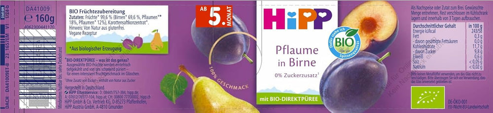 Prugne biologiche HiPP al gusto di pera (6 x 160 g), da 5 mesi, senza zuccheri aggiunti, sapore di frutta particolarmente intenso, della migliore qualità biologica.