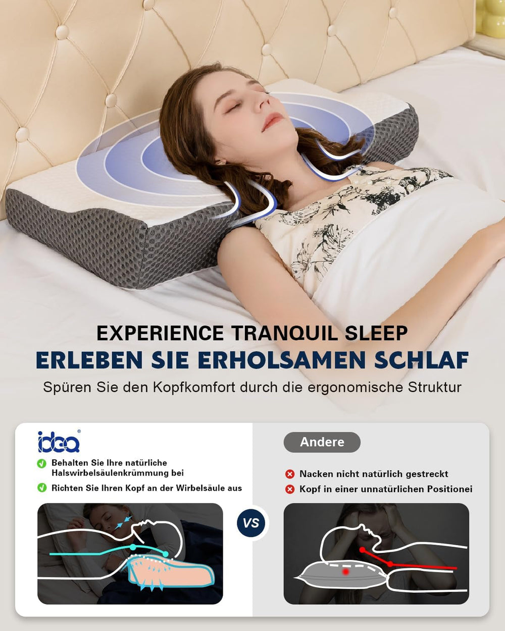 Pernă IDEA, pernă ortopedică ergonomică pentru dureri de gât, pernă din spumă de memorie pentru dormitori laterali, spate și abdominali, pernă anti sforăit pentru bărbați femei (62 * 34,5 * 12/8CM) Perne ortopedice cervicale Naty Shop