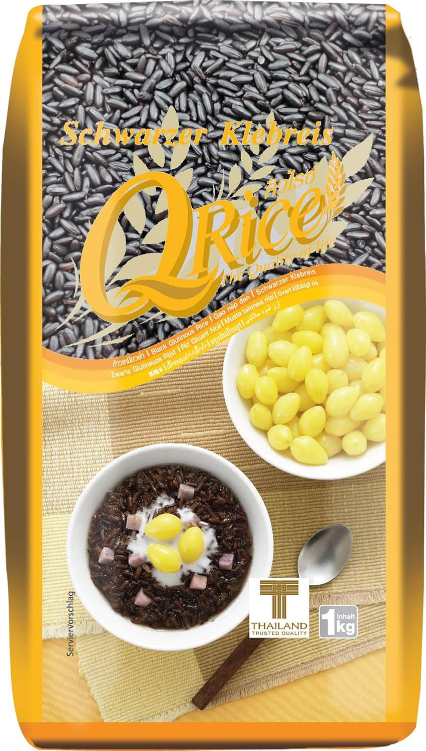 RISO Q | Riso colloso nero a grani lunghi dalla Thailandia | Aromatico con delicato sentore di nocciola | Ideale per dessert al curry, sushi e mochi | 1x1 kg