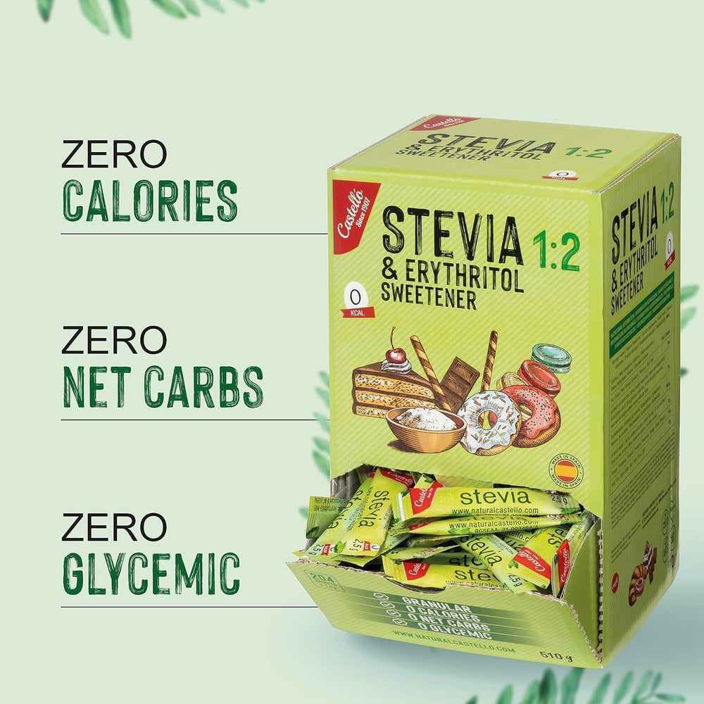 Stevia + eritritolo 1:2 sostanza nutriente | 204 Borsa Mito 2,5 G | 100% Zuckerersatz naturale - 0 Kalorien - 0 Glykämischer Index - Keto und Paleo - 0 Kohlenhydrate - Kein GVO - Castello since 1907-510 G Dolcificanti Naty Shop