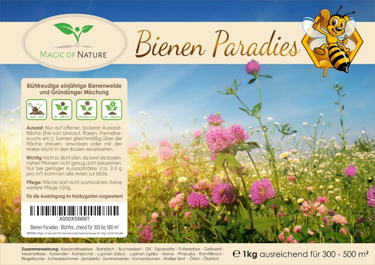 Mix di semi di fiori Magic of Nature - Bee Paradise - 1 kg - Facile da usare - Pascolo per api in fiore - Consigli per la semina - Da 300 a 500 m²