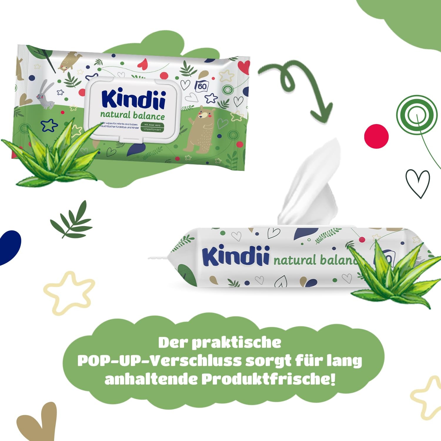 Salviettine umidificate per neonati Kindii Natural Balance – (1 x 60 pz.) Salviette umidificate per neonati e bambini – Protettive, Aloe Vera, Fragranza delicata – 60 pz.