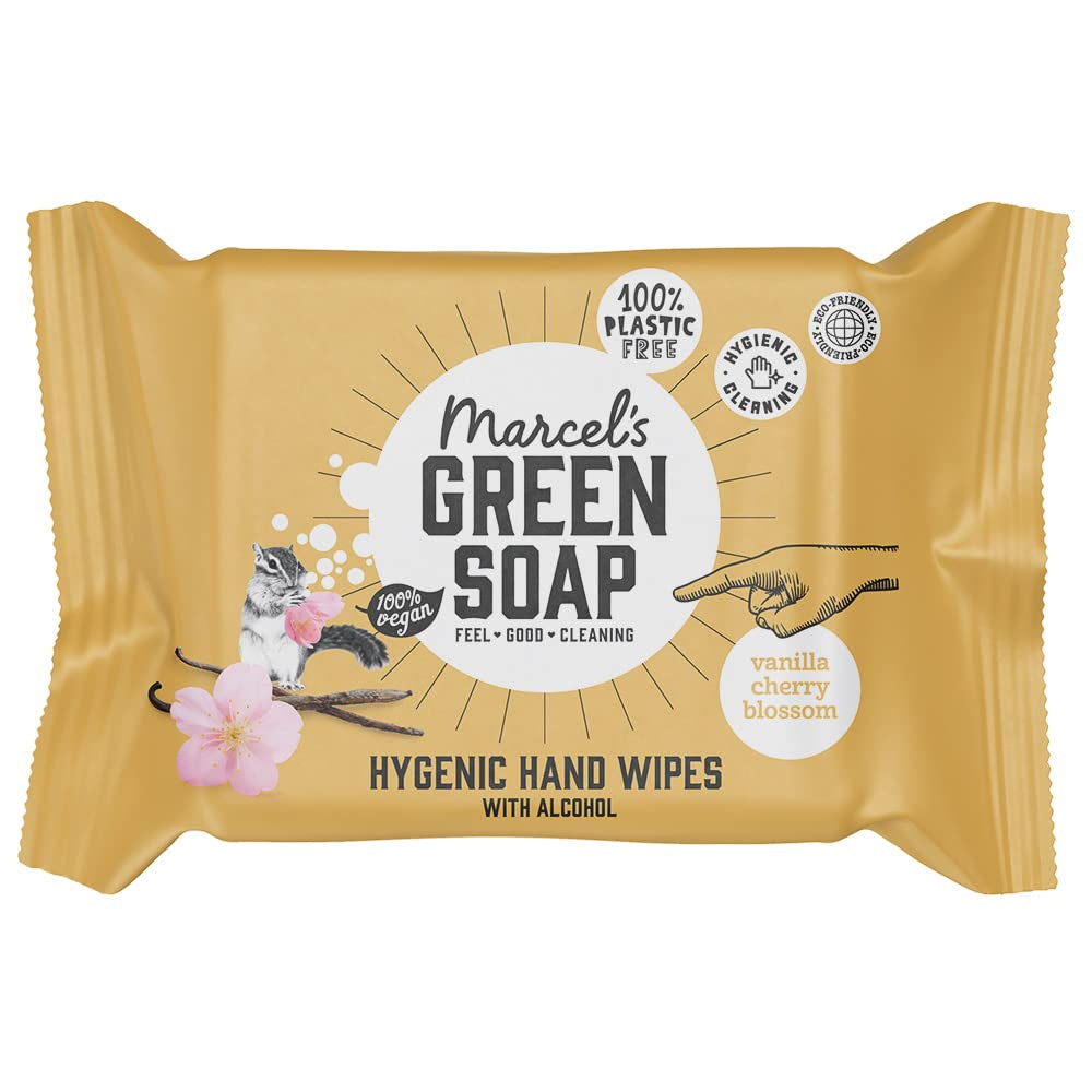 Salviette umidificate per mani Marcel's Green Soap, confezione da 60 - Vaniglia e fiori di ciliegio - A base vegetale - Biologiche