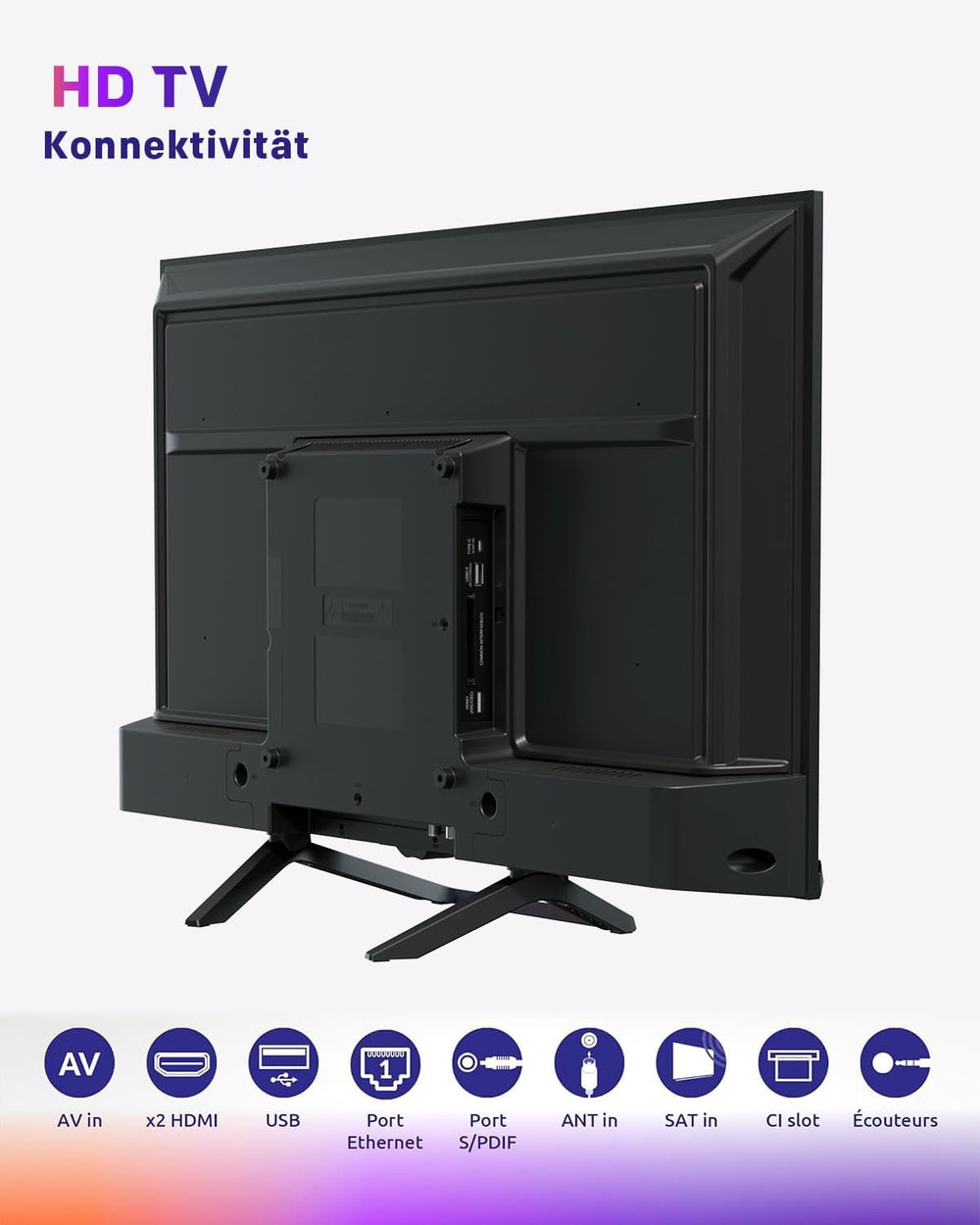 Televizor HD STRONG SRT32HG4723C de 32'' - DVB-S2/C/T2, 12V Ideal pentru autorulote, bucătării, dormitoare, bărci, 2 porturi HDMI + 1 port USB + Mini-AV + conexiune antenă/satelit - Negru