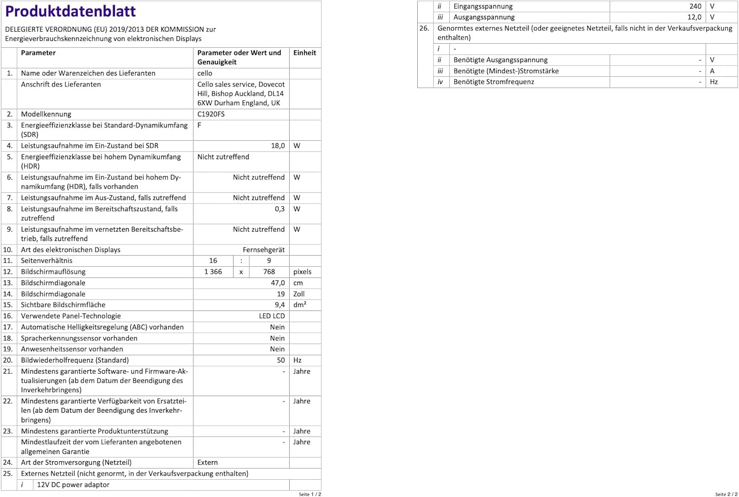 Televizor LED Cello C1920FSDE HD Ready de 19" (diagonală 47 cm), cu player DVD încorporat și tuner triplu DVBT2 S2, negru