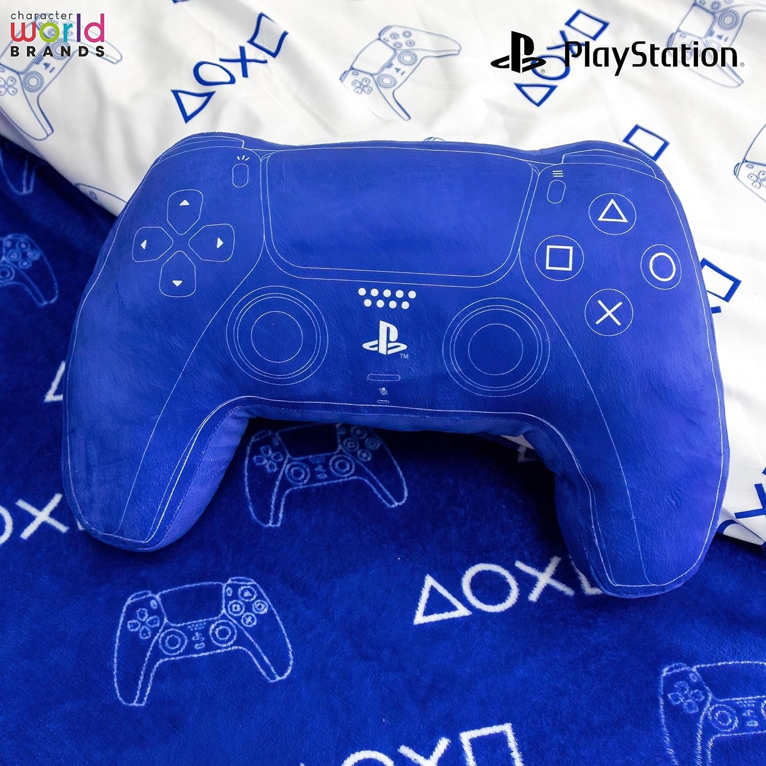 Character World: Pernă licențiată oficial în formă de controler Playstation, design de set de mână, pernă de pluș umplută | Perfect pentru dormitor sau decor de jocuri, albastru Perne standard Naty Shop