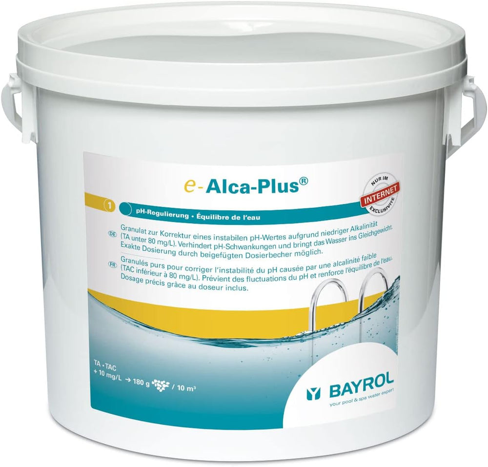BAYROL e-Alca-Plus - Granuli per la correzione di livelli di pH instabili dovuti alla bassa alcalinità - Il secchio include misurino e sacchetto di plastica con sigillo di sicurezza - 5 kg