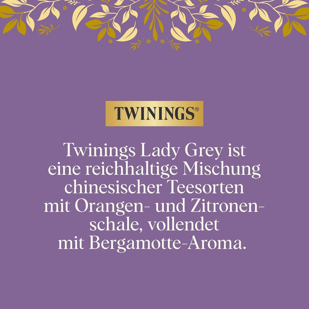 Ceai negru Twinings LADY GREY vrac în cutie de ceai – ceai negru, amestec de soiuri de ceai chinezesc cu coajă de portocală și lămâie, completat cu aromă de bergamotă (200 g)