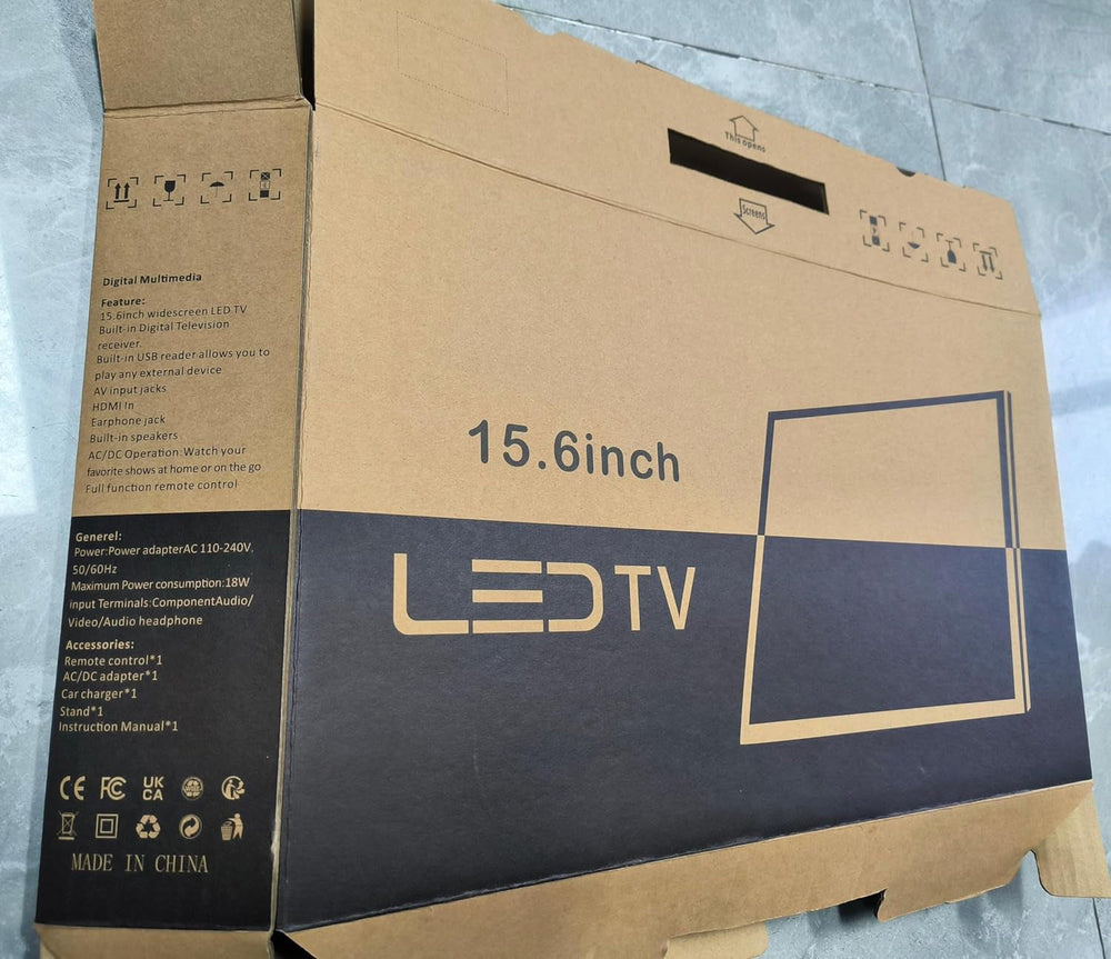 Televizor digital Freeview de 16 inci, tuner DVB-T2, intrare AV, HDMI/VGA, port USB, alimentare de la mașină (12 volți) sau de la rețea, telecomandă
