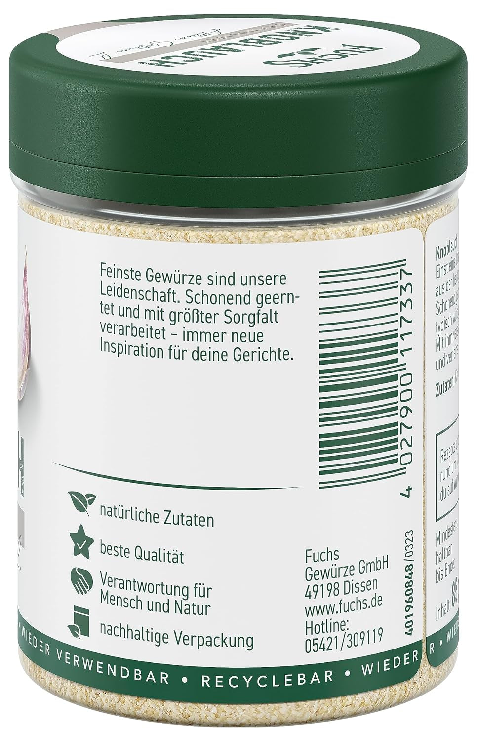 Fuchs Gewürze - Aglio granulato - würzig-zwiebliger Geschmack für Tzatziki, Knoblauchbutter oder Gemüsegerichte - ingredienti naturali - 85 g in wiederverwendbarer, recyclebarer Dose