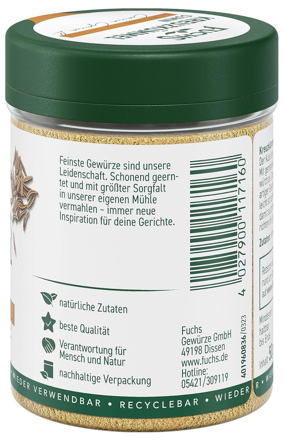 Fuchs Gewürze - Kreuzkümmel gemahlen - zum Würzen von Couscous, Hummus und Falafel - ingredienti naturali - 50 g in wiederverwendbarer, recyclebarer Dose