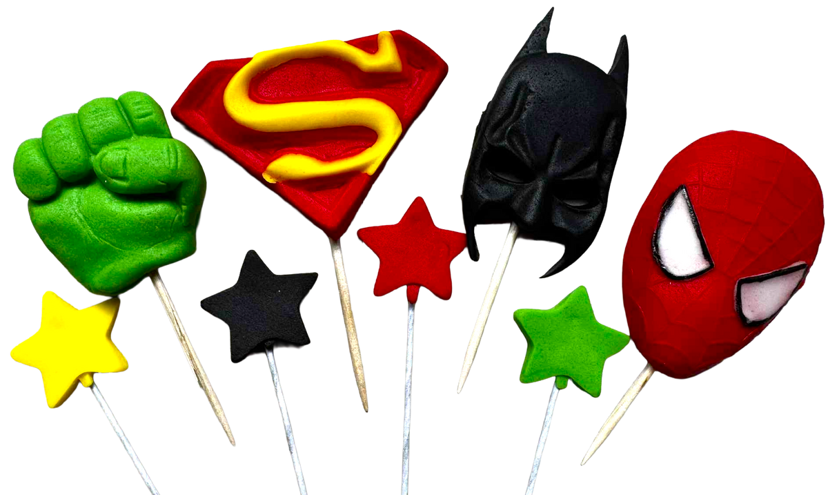 Supereroi Set Decorazioni Commestibili – 8 Figurine in Pasta di Zucchero, Dimensioni 2–5,5 cm