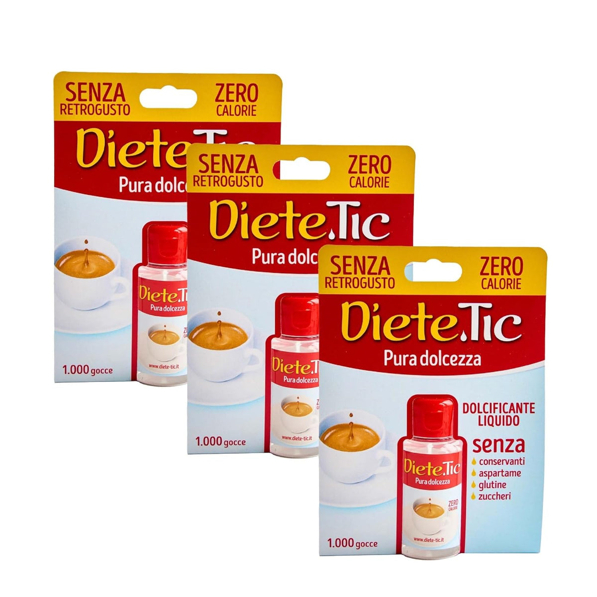 Dolcificante liquido senza calorie, formato spray 3 x 50 ml (1 goccia MAXI = 1 cucchiaino di zucchero), senza glutine, senza conservanti e senza aspartame, ideale per dolci, bevande e yogurt