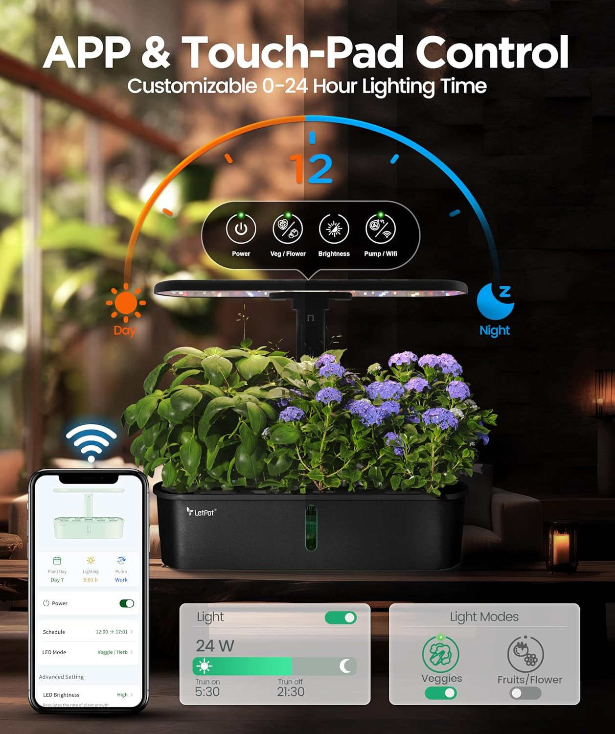 LPH-Air Kit di sistemi di coltivazione idroponica WiFi controllato da app 24W Smart Indoor Garden Grow Light Spettro completo 10 Capsule Planter Kit regalo per giardinaggio indoor