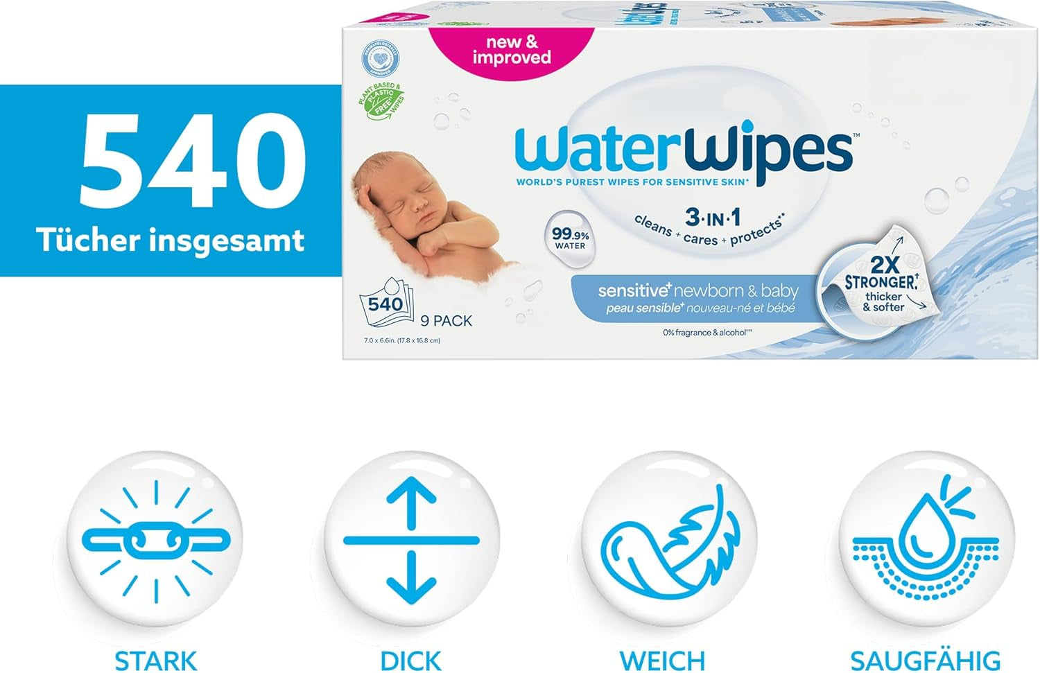 Salviette umidificate WaterWipes Sensitive+ per neonati e bambini, 540 pezzi (9 confezioni), pulizia 3 in 1, cura, protezione, 99,9% acqua, senza profumo