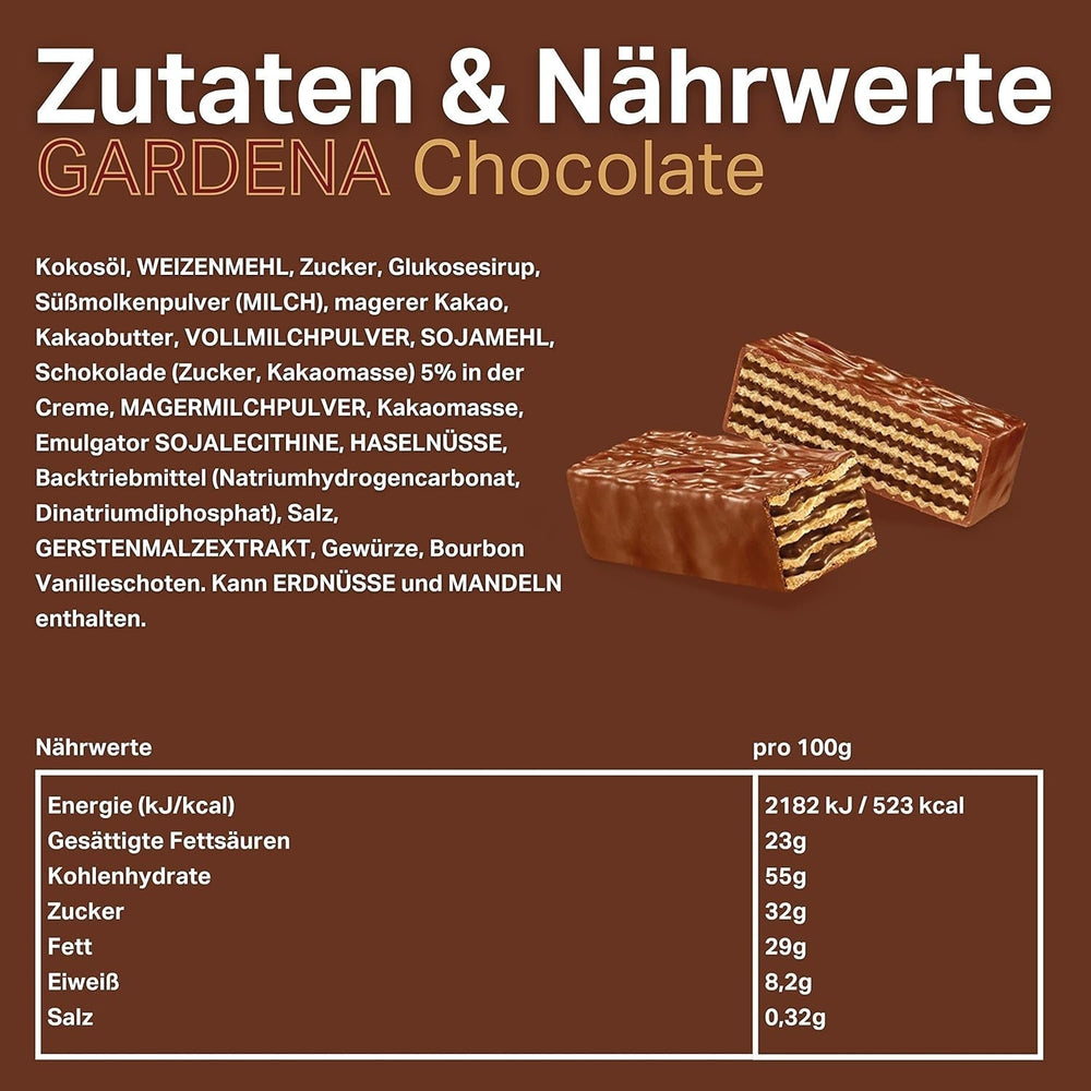Loacker Gardena (Ciocolată) • Napolitane acoperite cu ciocolată cu lapte și umplutură fină de cremă de ciocolată • Biscuiți tip napolitană, pachet mare (25 x 38g)