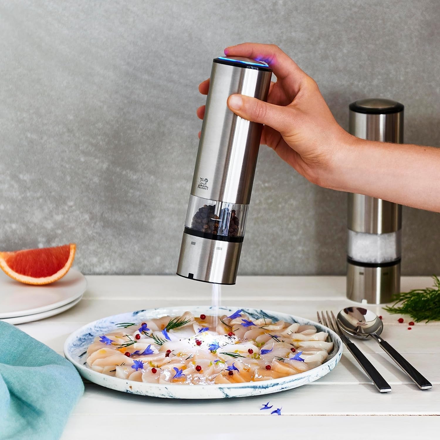 PEUGEOT Elis Sense set macinapepe/sale elettrico, altezza: 20 cm, acciaio inox, argento Macinini e Macinini Naty Shop