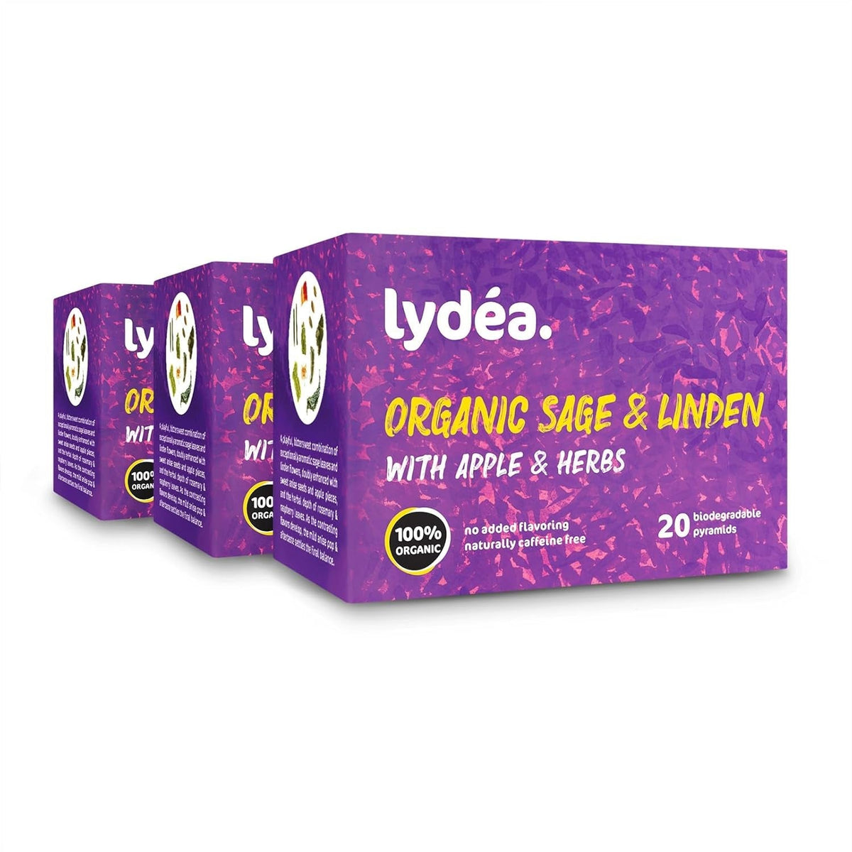 Lydea Ceai din plante bio, salvie și tei cu mere și ierburi, 60 piramide, pachet de 3 [3 x 20 piramide]
