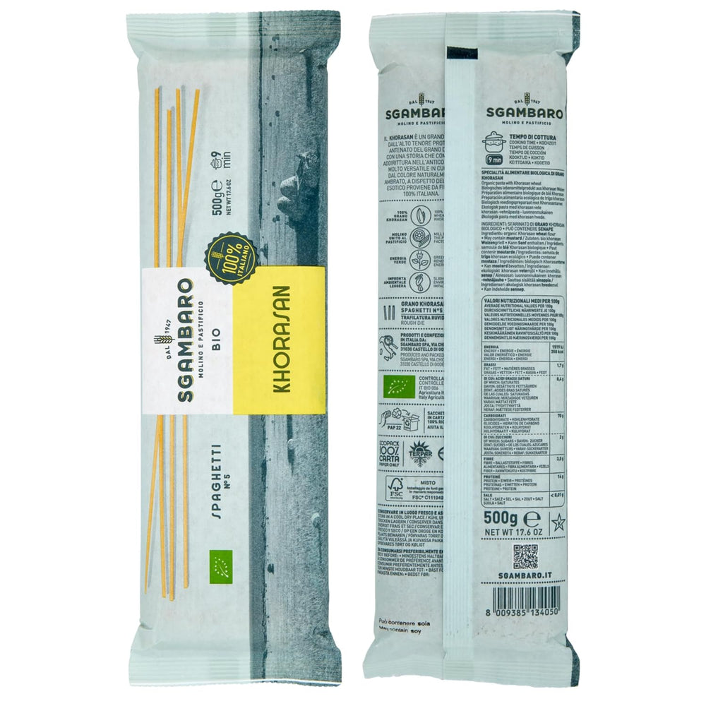 Spaghetti Biologici n. 5 - 500g di grano Khorasan – Grano antico, ricco di proteine, coltivato 100% italiano – Versatile in cucina e ricco di nutrienti