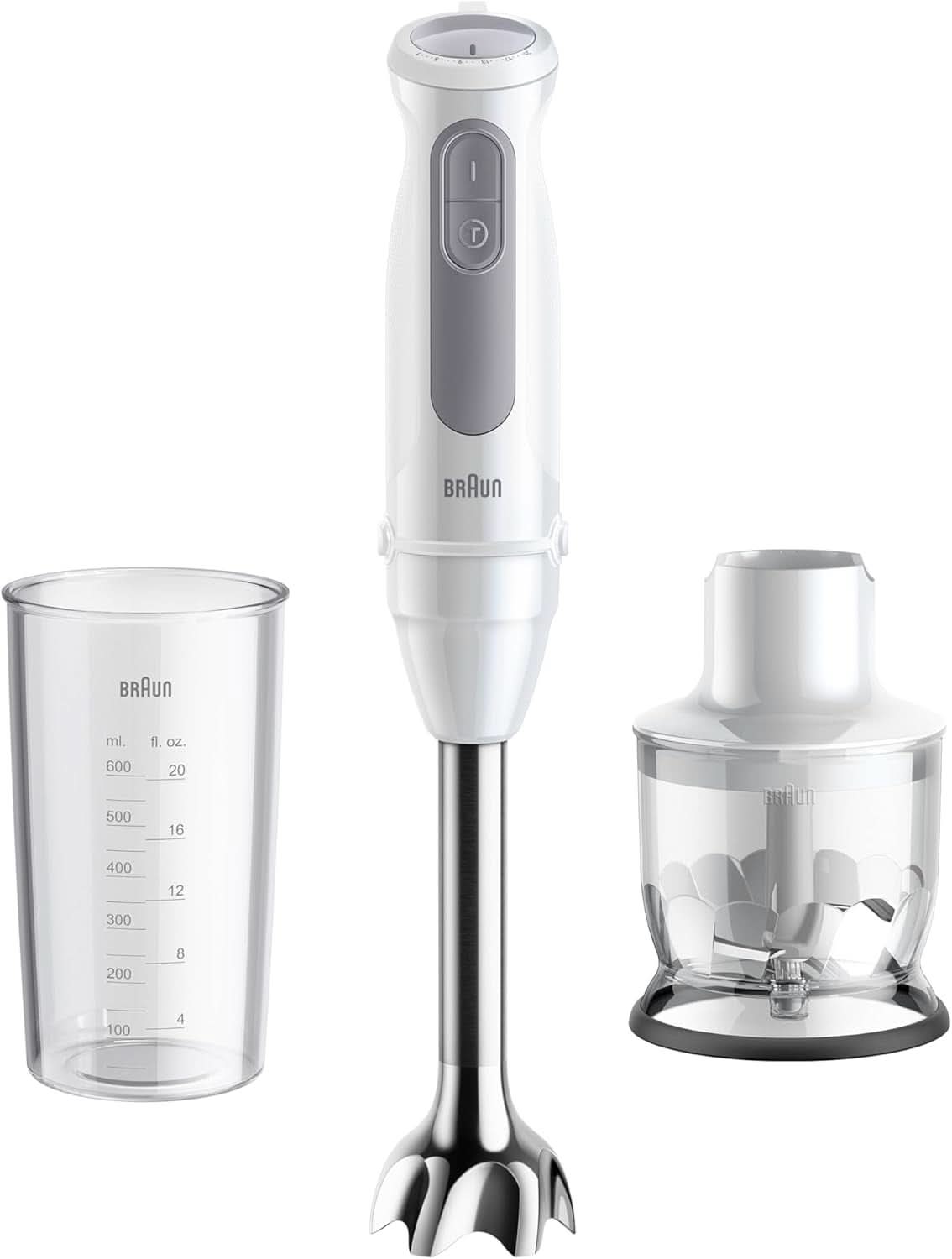 Braun Stabmixer MQ 5200WH - Multiquick 5 Vario Pürierstab Mit Edelstahl Mixfuß, 1000 Watt, Inkl. 600 Ml Mix- & Messbecher, Weiß/Grau Bucatarie Naty Shop Version 2024 - Edelstahlschaft