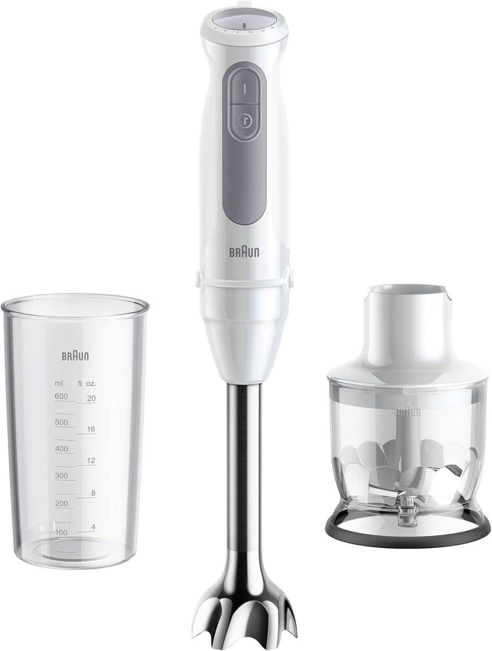Braun Stabmixer MQ 5200WH - Multiquick 5 Vario Purierstab Mit Edelstahl Mixfuß, 1000 Watt, Inkl. 600 ml Mix- & Messbecher, Bianco/Grau Kitchen Naty Shop Versione 2024 - Edelstahlschaft
