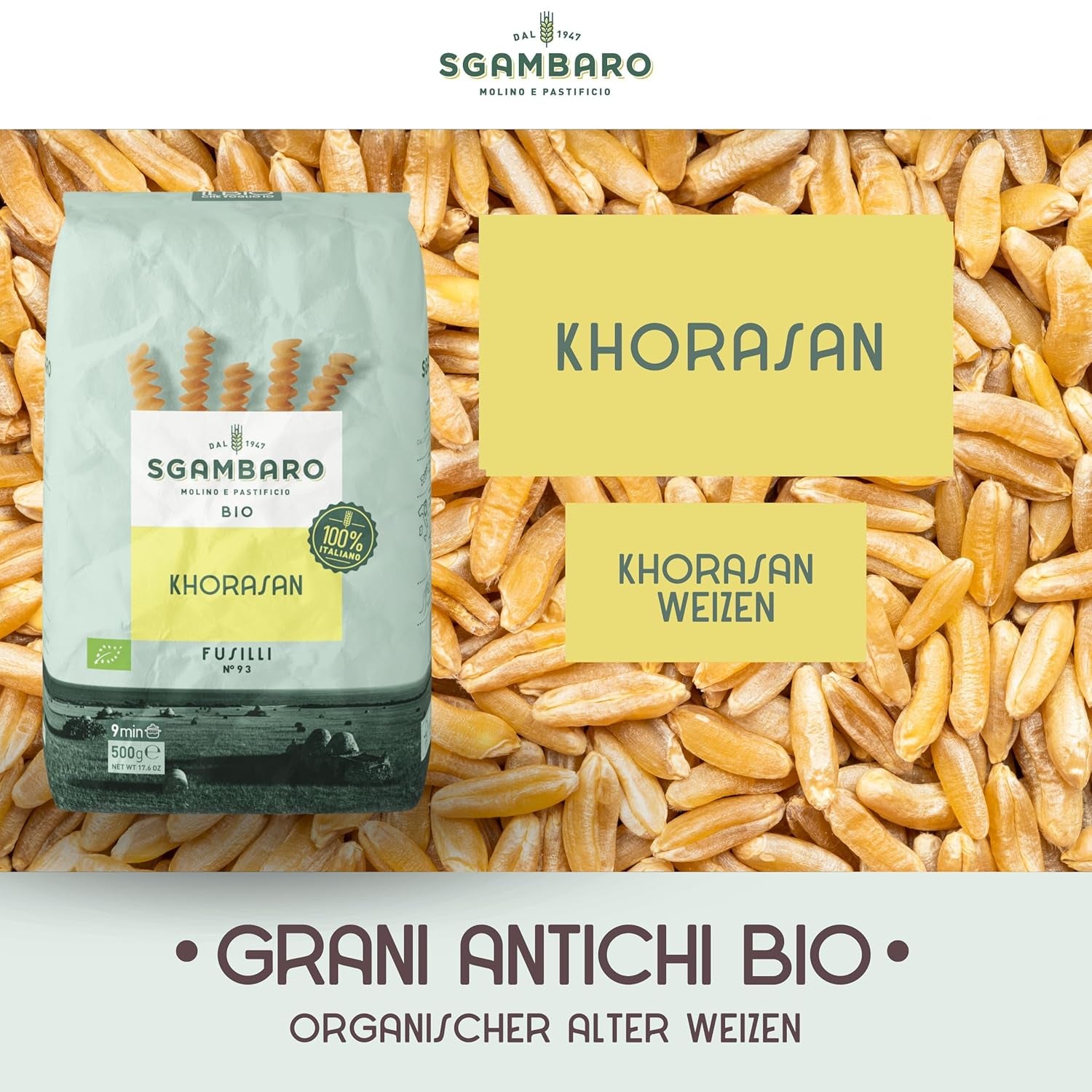 Pasta Fusilli Bio N. 93 - 500g di grano Khorasan - Grano antico, ad alto contenuto proteico, coltivato al 100% in Italia - Versatile in cucina e ricco di nutrienti