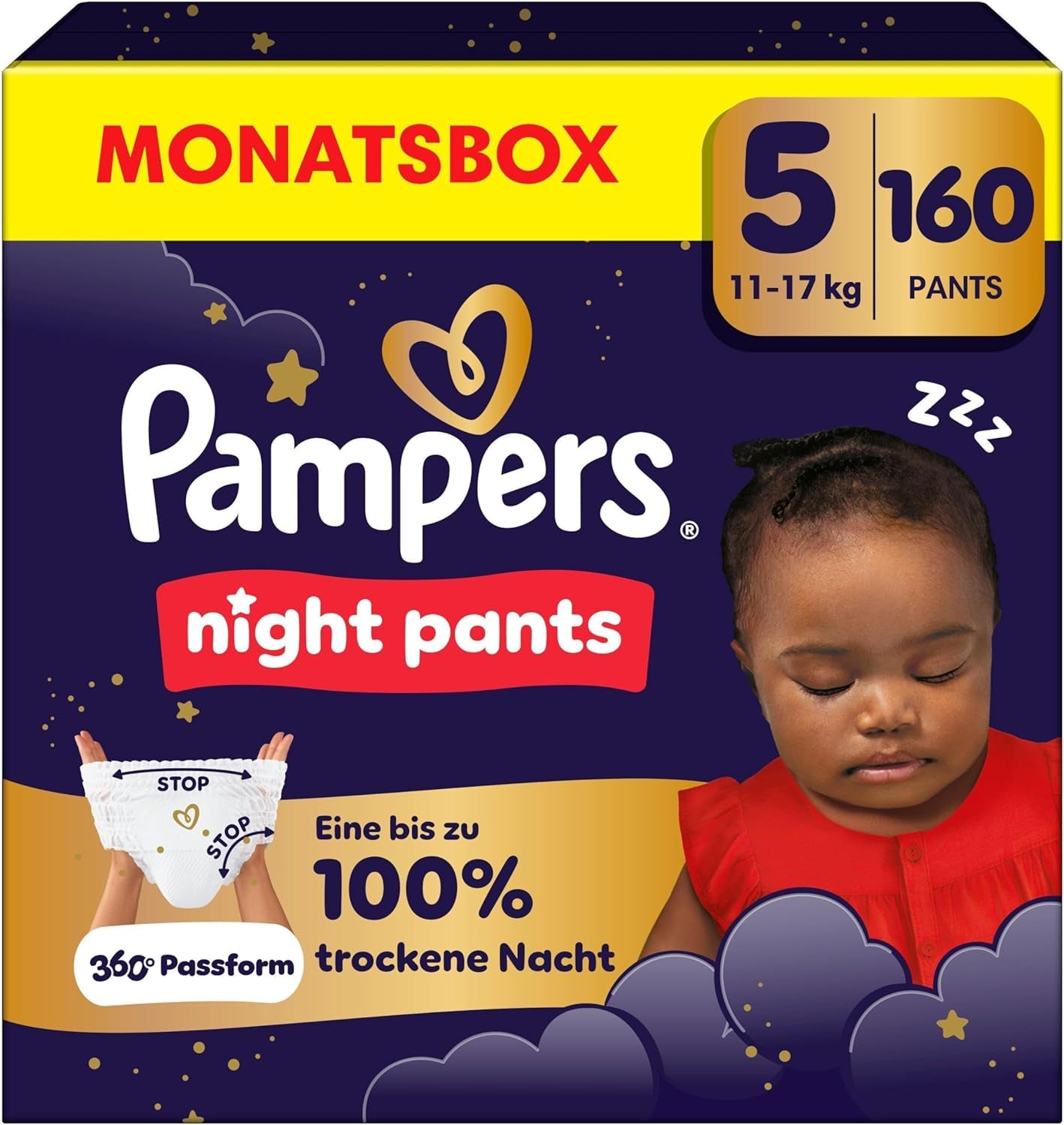 I pannolini Pampers Night Pants taglia 6, 138 pezzi, 13kg-19kg, forniscono una protezione extra per tutta la notte.