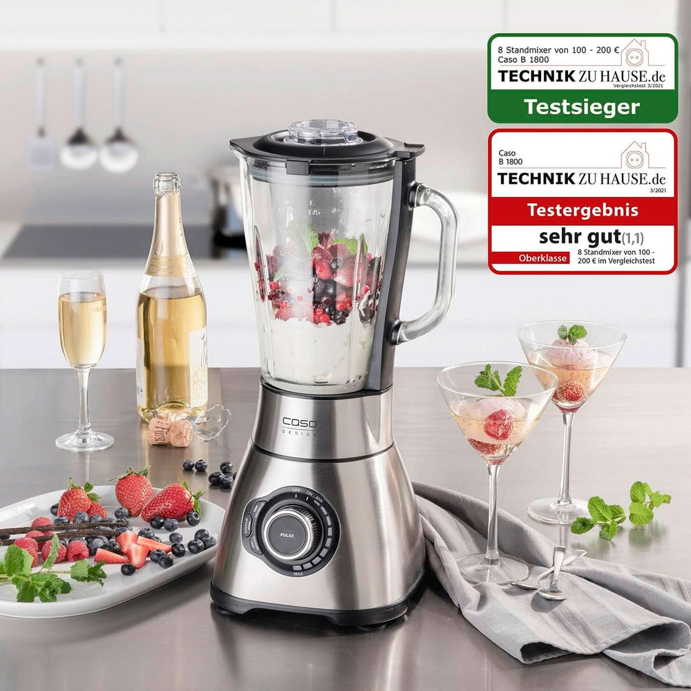 CASO B 1800 Powerblender-Set - Robot da cucina, 28.000 giri/min, bicchiere di vetro 1,75 L, incl. Trinkflasche Und Zerkleiner, Mixer Testsieger Mit Sehr Gut, Edelstahl Naty Shop
