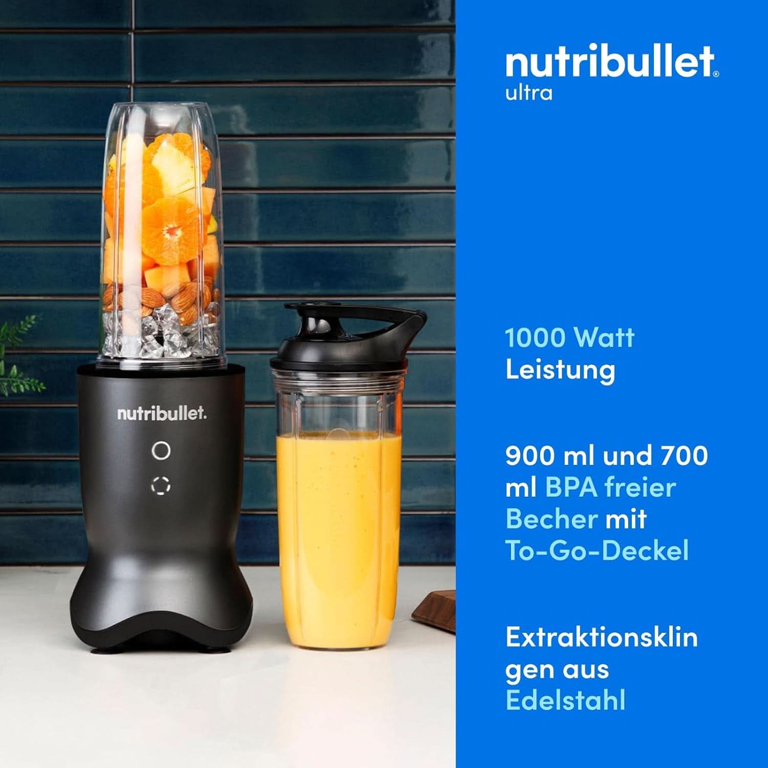 Nutribullet Personal Blender, Der Leistungsstärkste Mixer Für Eine Portion, 1000 Watt und Leiser Motor, 900 Ml Becher Aus Tritan Renew, Leuchtende Touch Bedienknöpfe, Dunkel Grau Bucatarie Naty Shop