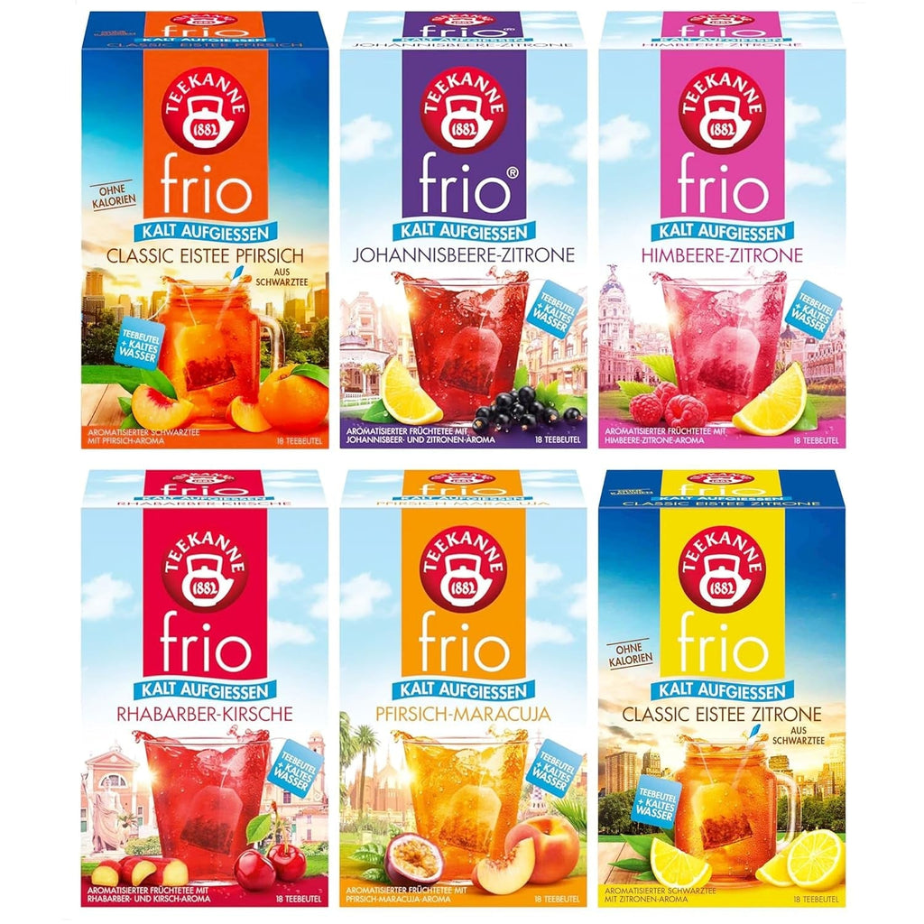 Ceai Teekanne Frio în pachet de 6 fructe, sortimente: zmeură-lămâie, coacăze-lămâie, piersică-maracuja, rubarbă-cireșe, ceai rece lămâie &amp; piersică, câte 18 pliculețe de 2,5 g fiecare