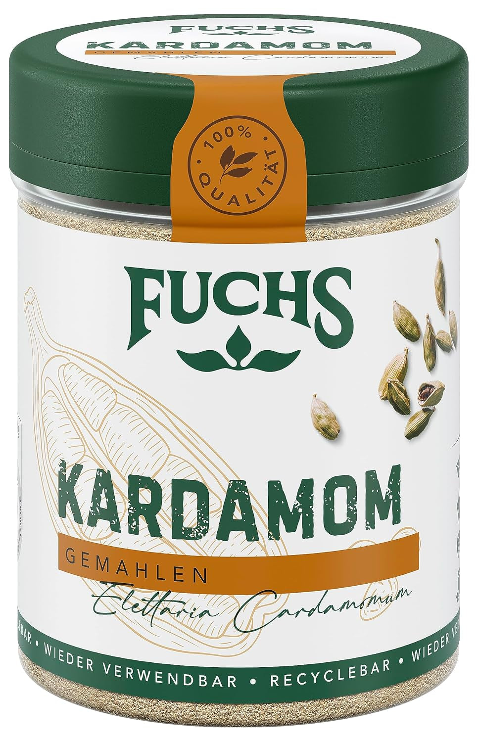 Fuchs Gewürze - Kardamom gemahlen - Gewürz für Glühwein oder Fleischgerichte wie Roastbeef oder Schweinebraten - ingredienti naturali - 50 g in wiederverwendbarer, recyclebarer Dose