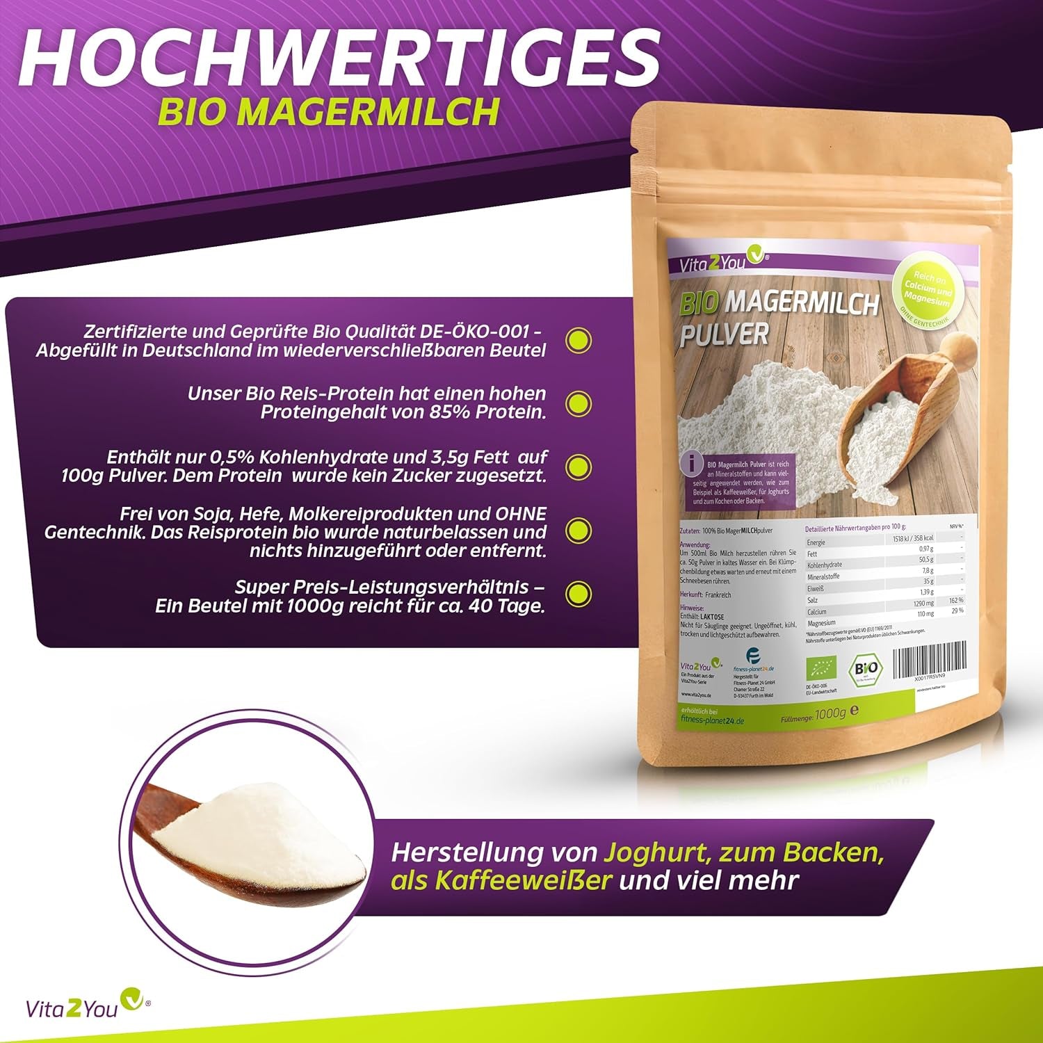 Vita2You Bio Latte scremato in polvere 1000g - 100% Bio Qualität - per cuocere al forno - Kaffeeweißer - Milchpulver für Joghurts - 1kg - Premium Qualität