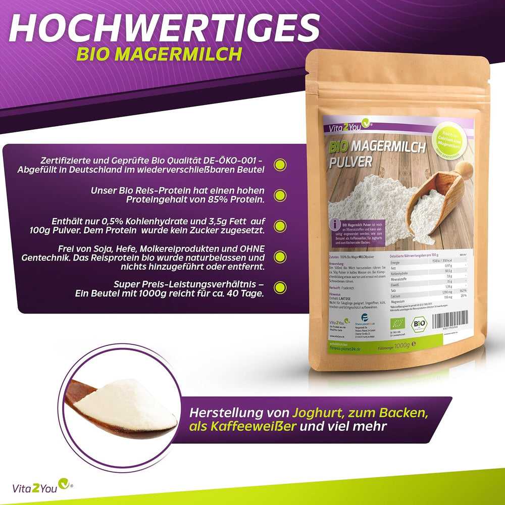 Vita2You Bio Latte scremato in polvere 1000g - 100% Bio Qualität - per cuocere al forno - Kaffeeweißer - Milchpulver für Joghurts - 1kg - Premium Qualität