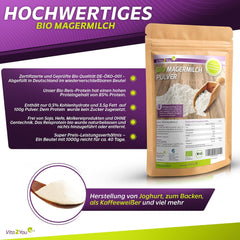 Vita2You Bio Latte scremato in polvere 1000g - 100% Bio Qualität - per cuocere al forno - Kaffeeweißer - Milchpulver für Joghurts - 1kg - Premium Qualität