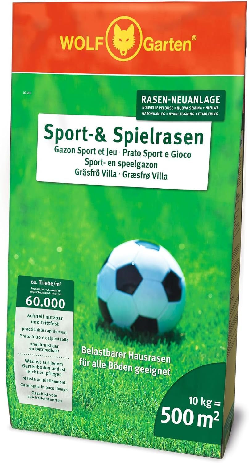 Wolf-Garten Sport- & Spielrasen LG 125 (Für 125 M², Schnell Nutzbar & Trittfest, Strapazierfähiger Rasen Für Sport- & Spielplätze, Hausgarten, Für Alle Bodenarten Geeignet, Im 2,5 Kg Beutel) 3825020