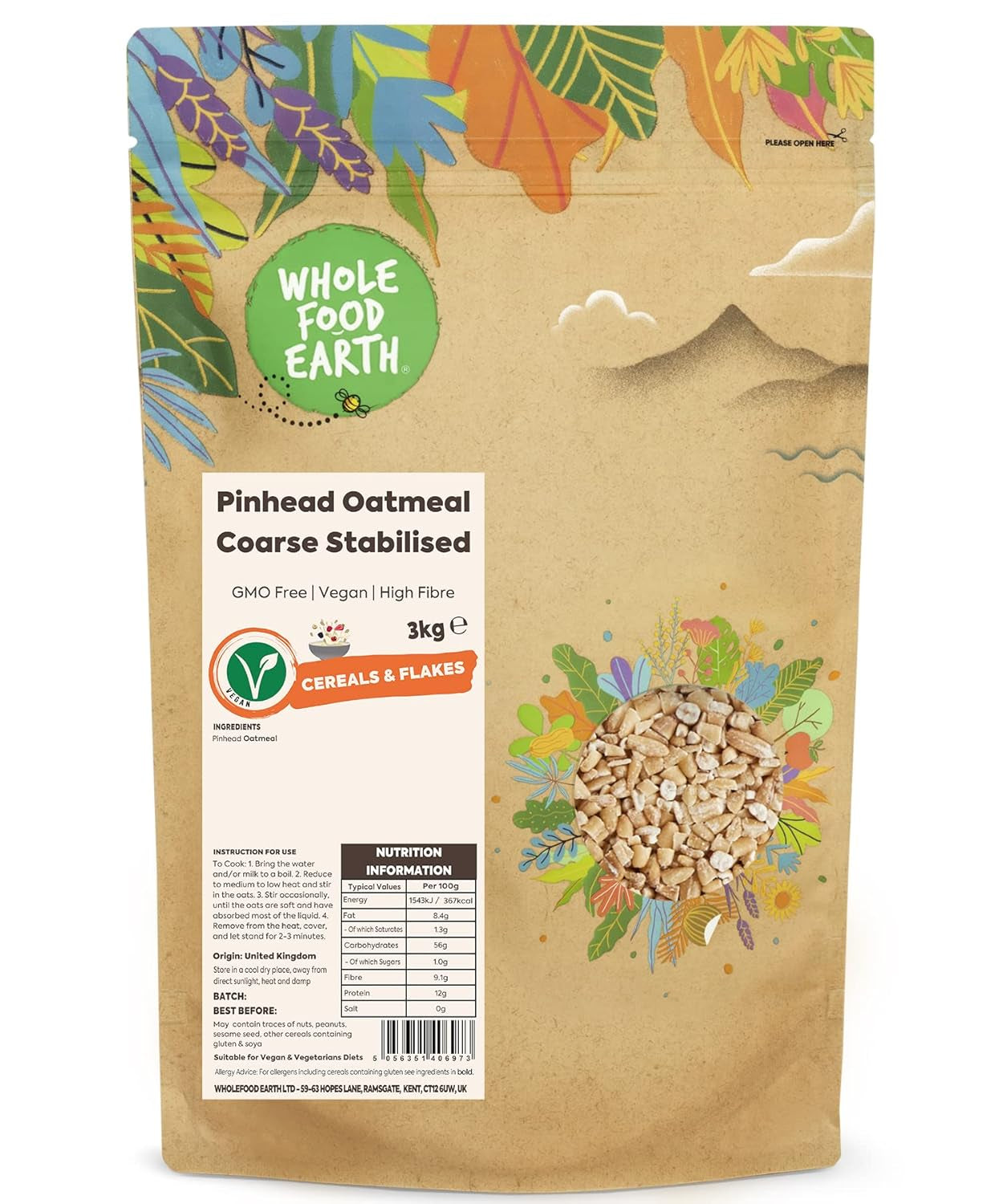 Wholefood Earth Farina d'avena Pinhead grossolana stabilizzata 3 kg | Non OGM | Ricco di fibre