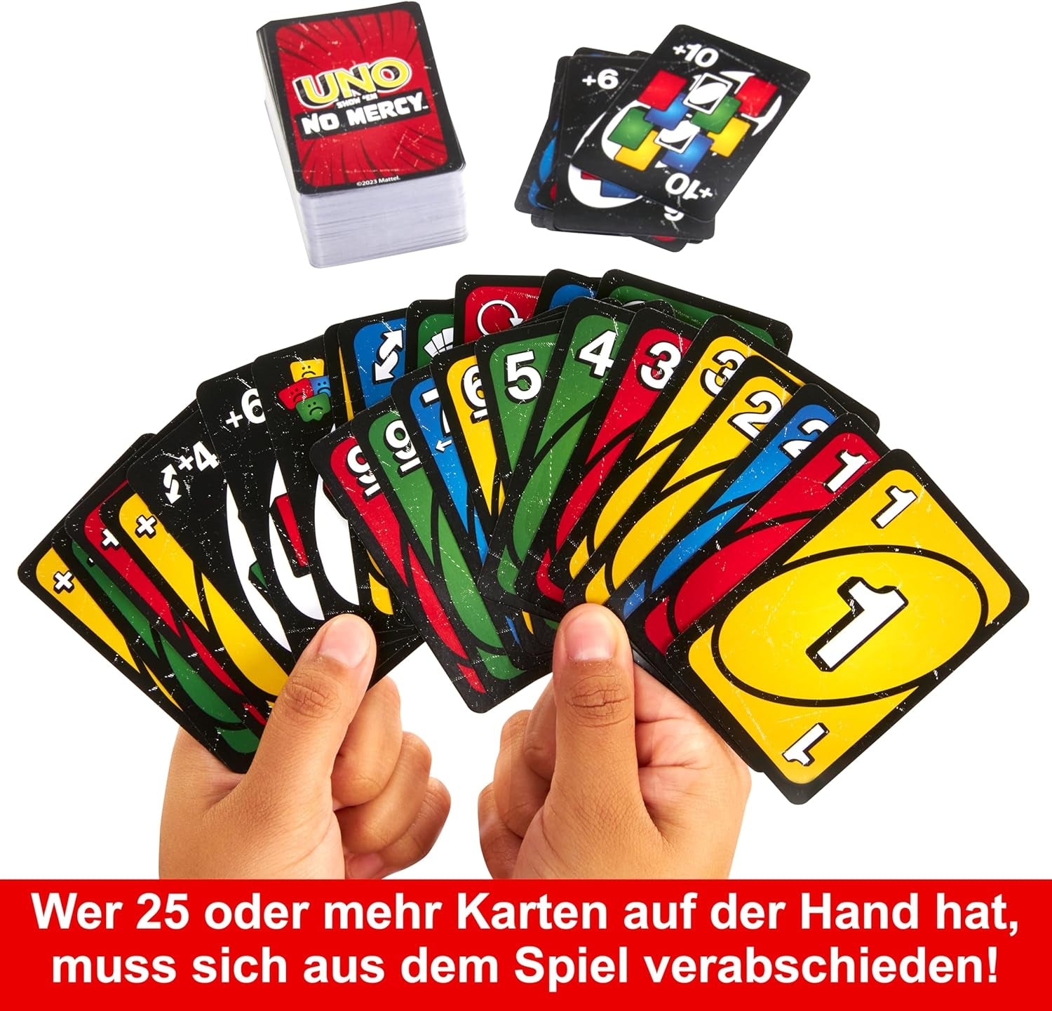Mattel UNO Show 'em No Mercy - 56 carte extra, carte azione impegnative e regole di gioco brutali per la versione più spietata, regole di impilamento e scambio di mani, dai 7 anni in su, HWV18