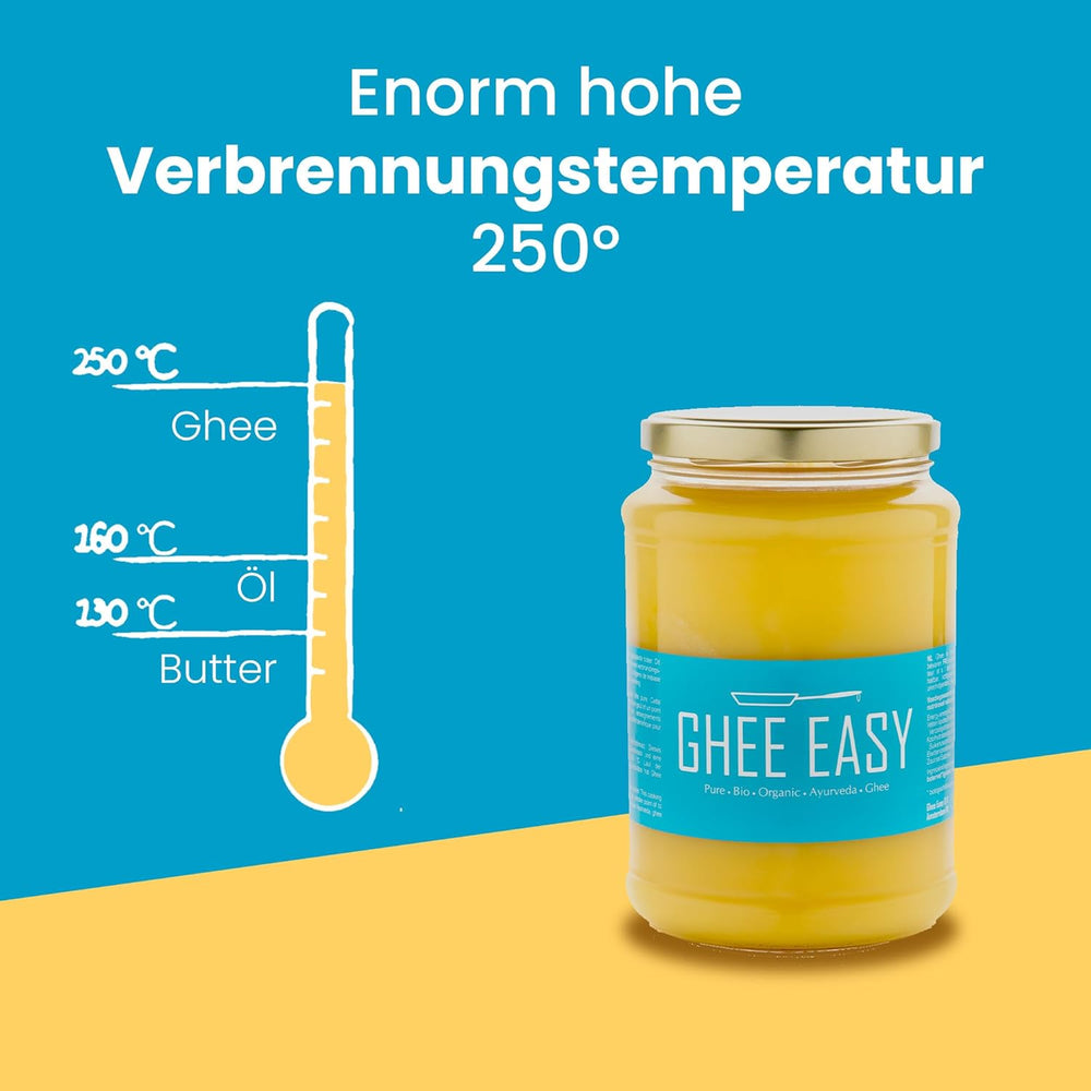 Ghee Easy 850g Ghee Bio von Grasgefütterten Kühen - Ghee Butter ohne Zusatzstoffe - Zertifiziert Organisch & Biologisch - Hochreines Ayurveda Ghee ohne Lactose und Gluten - 100% Europäisch