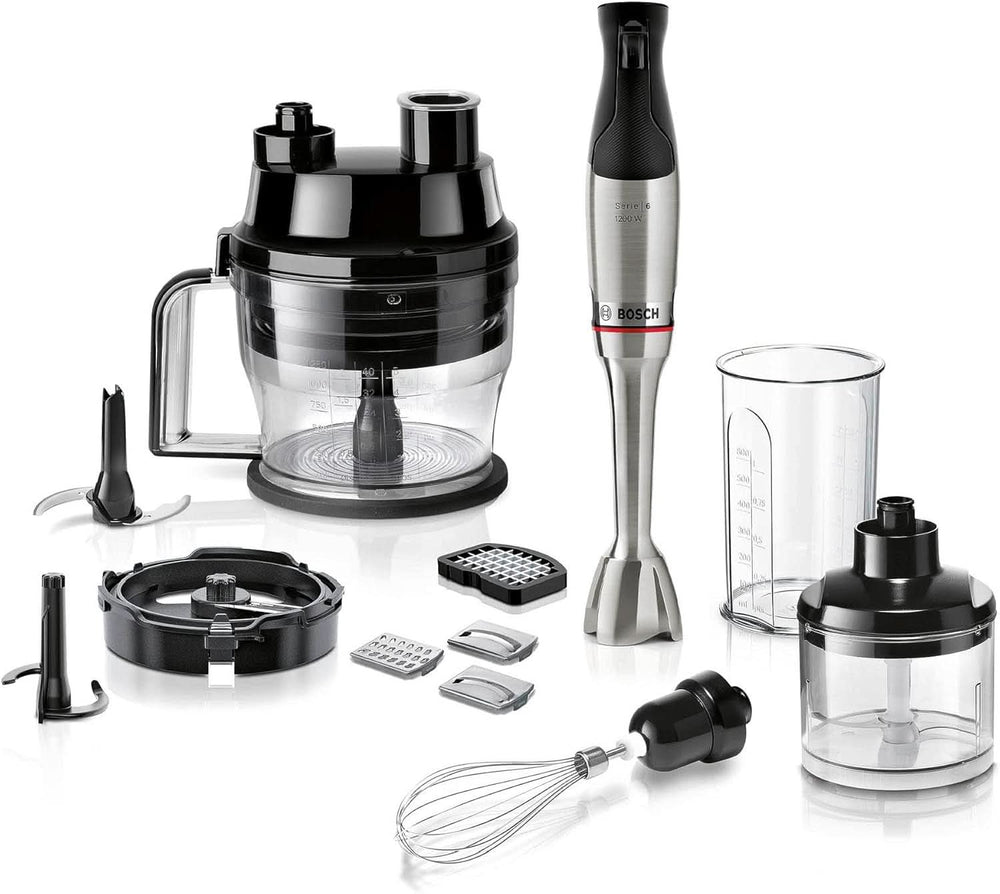 Bosch Robot da cucina Ergomaster Serie 6 MSM6M810, Einhändig Bedienbar, 10 Jahre Motorgarantie, Edelstahl-Klingen, Verschleißfreie Keramik-Kupplung, Luftkühlung, Quattroblade, Mixbecher, 1200 W, Edelstahl Kitchen Naty Shop 7-In-1, 1200 Watt