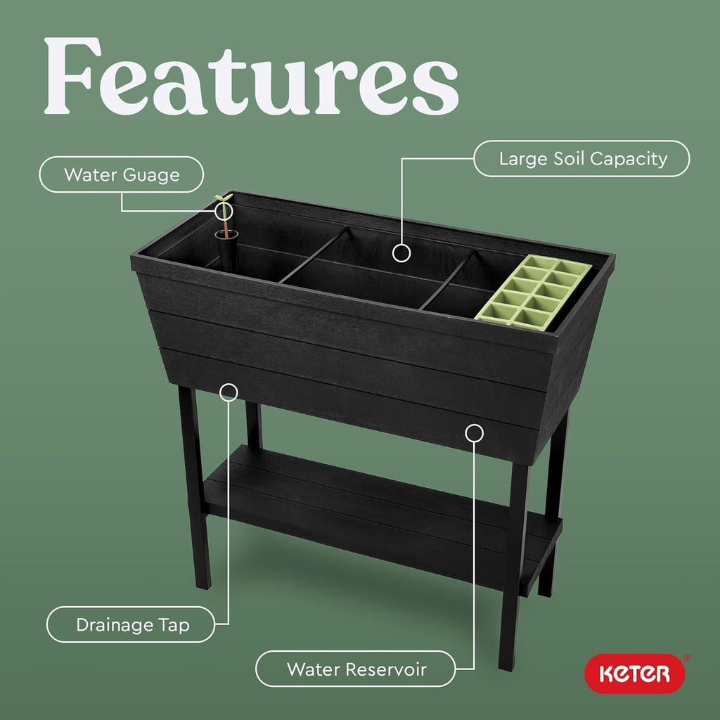 Ghiveci Keter Urban Bloomer pentru grădină înălțată și plante aromatice, pentru exterior, cu manometru de auto-udare și dop de drenaj, gri închis