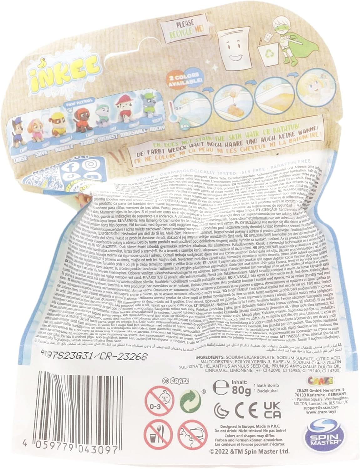 INKEE SURPRISE PAW PATROL, Bomba de baie pentru copii cu surpriză, aromă de gumă de cola, efect de spumă, 80 grame Duș și baie Naty Shop