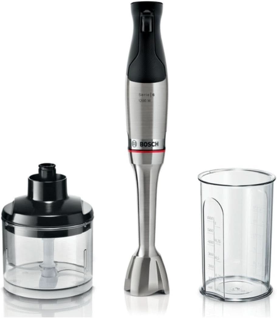 Bosch Stabmixer Ergomaster Serie 6 MSM6M810, Einhändig Bedienbar, 10 Jahre Motorgarantie, Edelstahl-Klingen, Verschleißfreie Keramik-Kupplung, Luftkühlung, Quattroblade, Mixbecher, 1200 W, Edelstahl Bucatarie Naty Shop 2-In-1, 1200 Watt