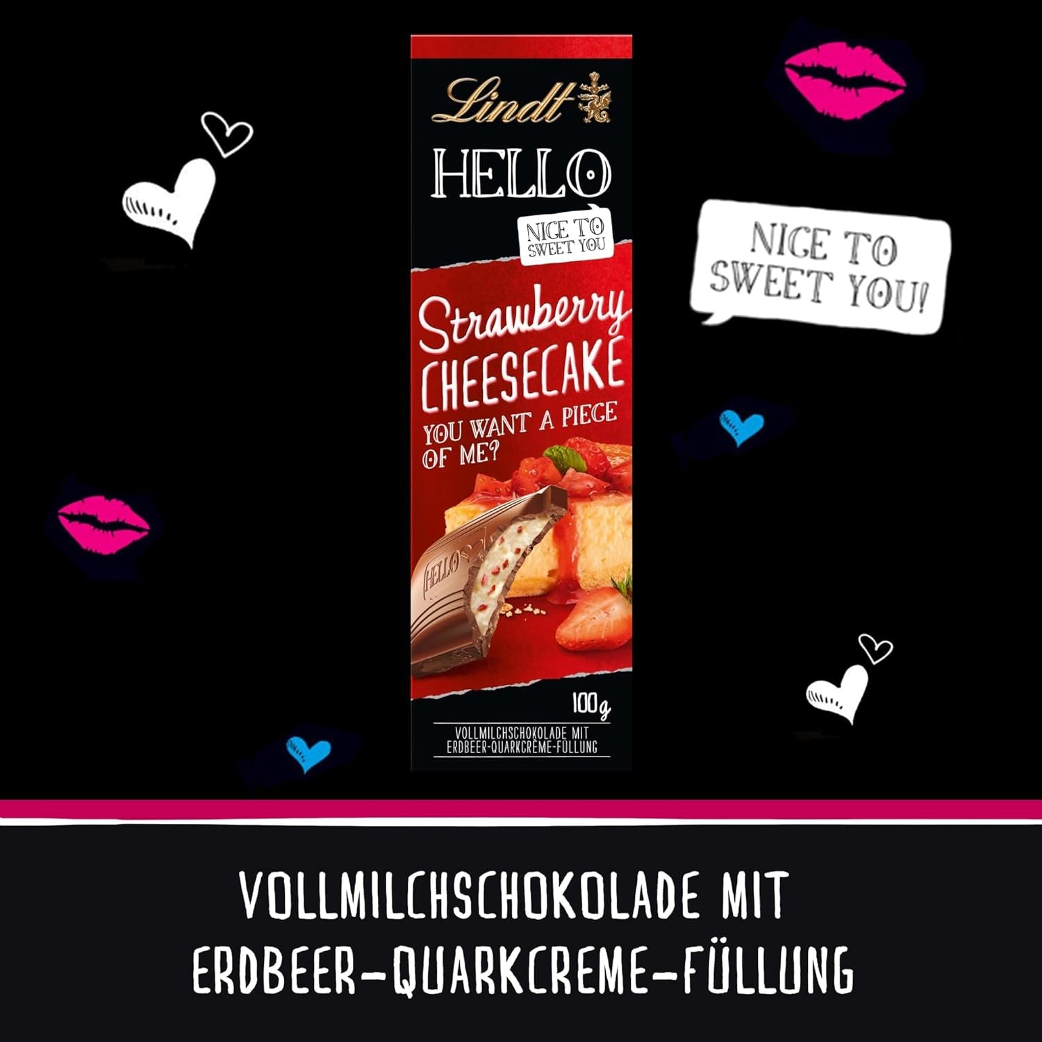 Lindt HELLO Cheesecake Al Cioccolato E Fragole | Barretta 100g | Cioccolato al latte con ripieno di crema al quark alla fragola | Tavoletta di cioccolato | Regalo di cioccolato
